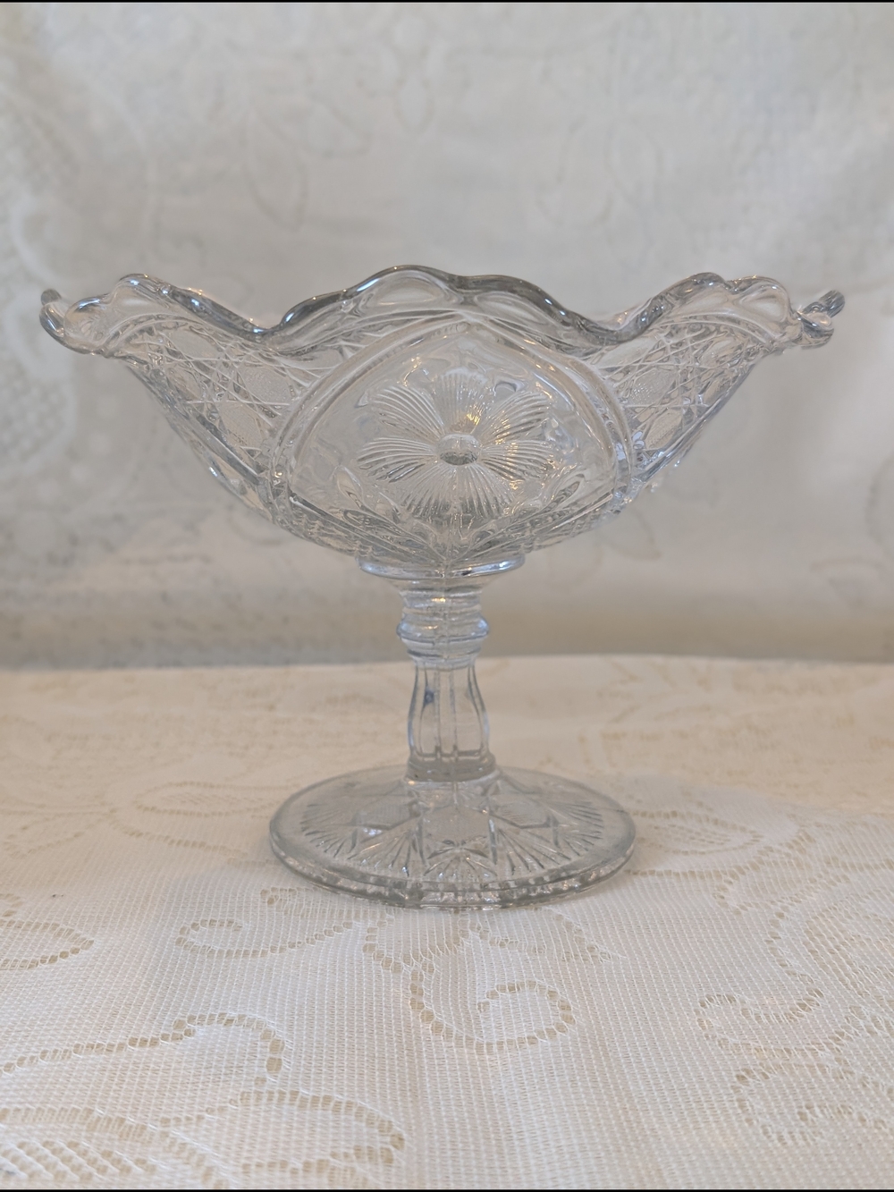 Vintage Pressed Glass Pedestal Compote — Floral & Diamond Pattern